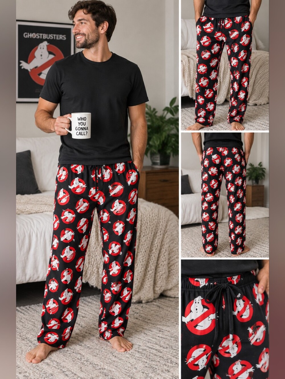 Ghostbusters Men’s Lounge Pajama Pants Black Red Logo Print